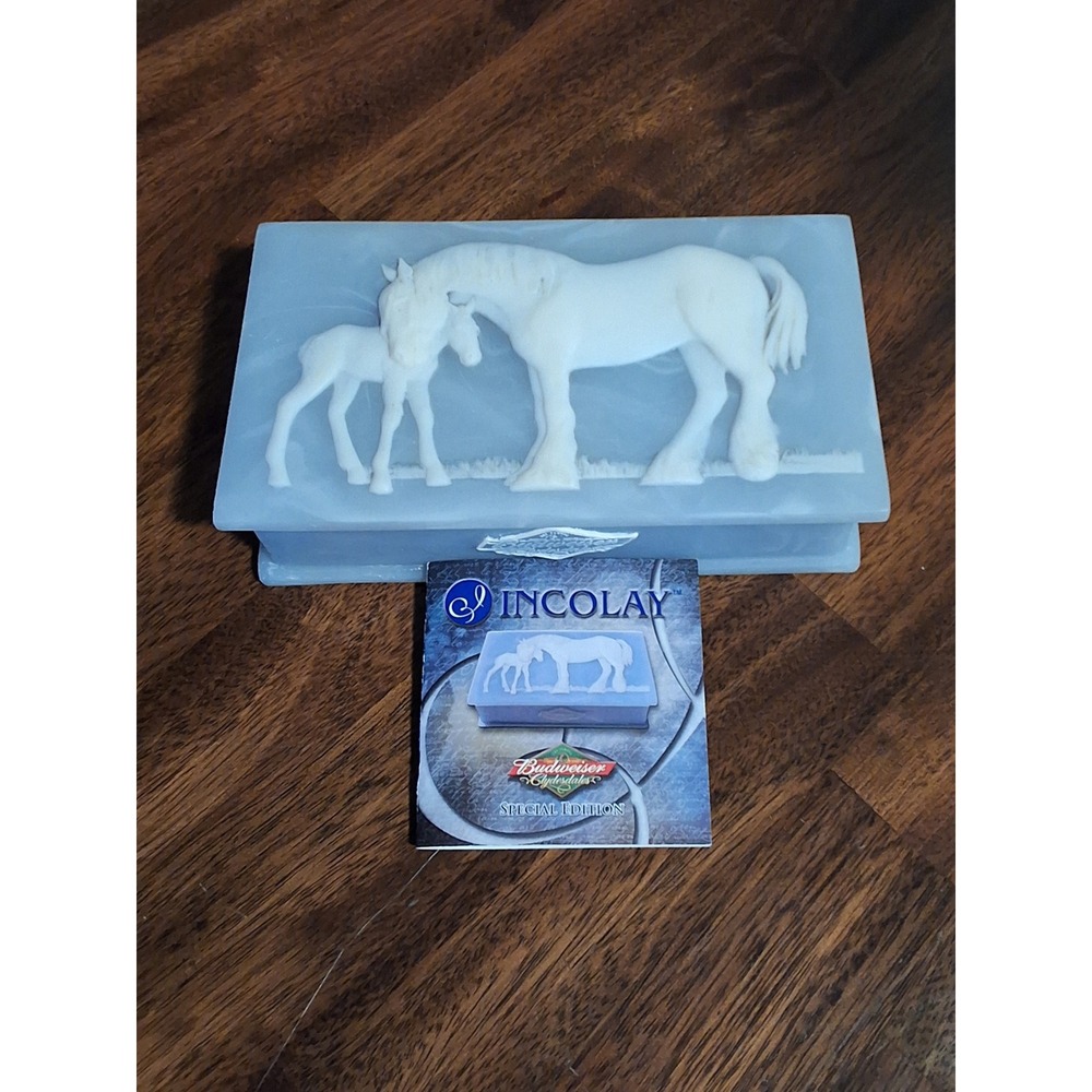 Incolay Stone Budweiser Clydesdales 40th Anniversary Jewelry Box Horse Foal Blue